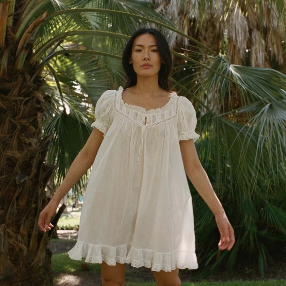 Doen Ainsley Cotton Ruffle Lace Babydoll Nightgown Mini Dress Salt White - Picture 2 of 12